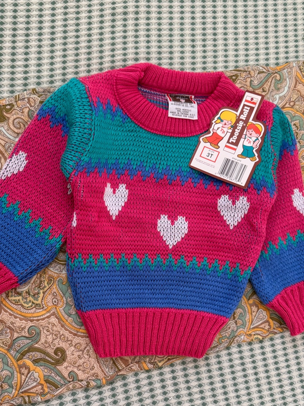 New Vintage Tootsie Roll Toddler Girl Color block Acrylic Sweater 3T Teal Pink